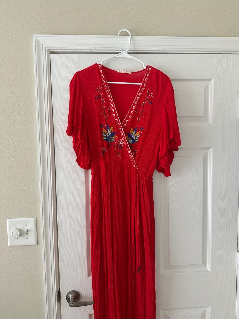 Red Embroidered V-Neck Maxi Dress
